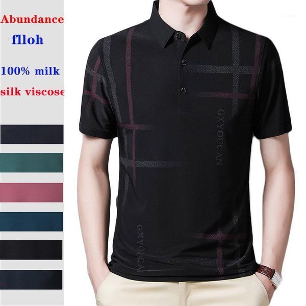 

2020 summer new men's business leisure short-sleeved lapel t-shirt male dad's ice silk loose half-sleeved shirt trend, White;black