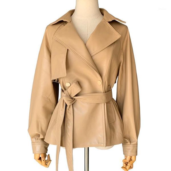 

women's leather & faux sheepskin women belt coat loose genuine outerwear short style solid fashion lambskin jacket1, Black