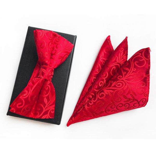 

fashion man red bowtie and pocket square set paisley business casual shirts accessories, Black;gray