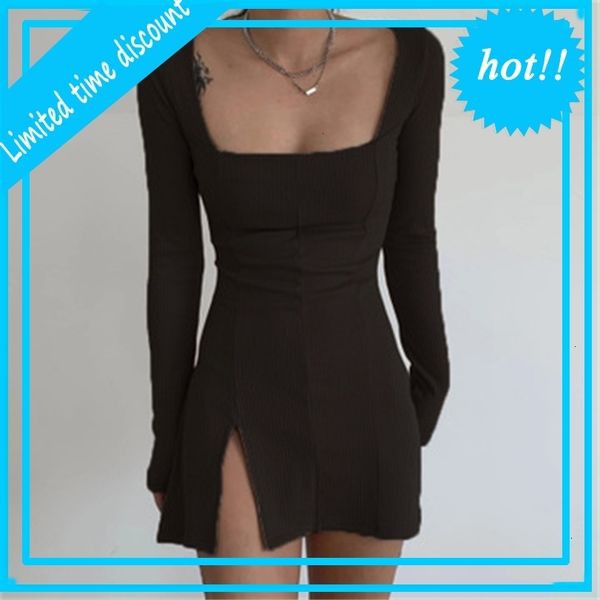 

retrieve winter dress women 2021 newcomers long mouwen square collar split khaki black solid party dresses vestidos