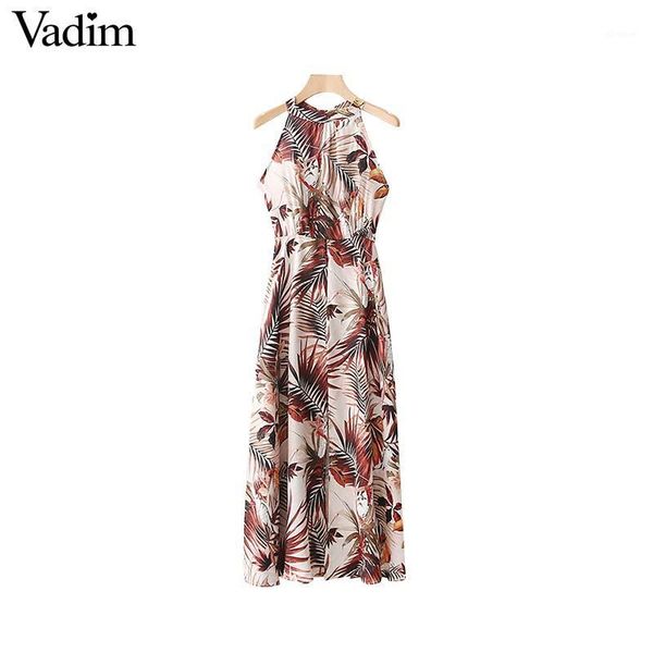 

vadim women halter floral maxi dress back bow tie sleeveless backless split female party wear chic dresses vestidos qa3361, Black;gray