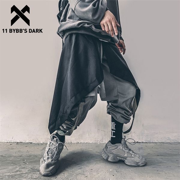 11 BYBB'nin Karanlık Düzensiz Hip Hop Erkekler Harem Etek Pantolon Harajuku Ayarlanabilir Streetwear Siyah Pileli Önlük Gotik Jogging Pantolon 201221