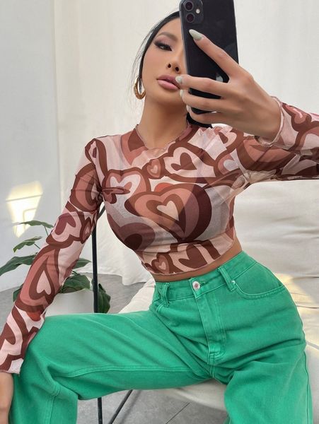 

heart print lettuce trim crop mesh without bra s9ox#, White
