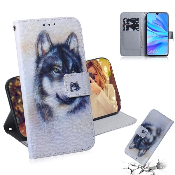 

white wolf pattern coloured drawing horizontal flip leather case for huawei p30 lite nova 4e with holder card slots wallet