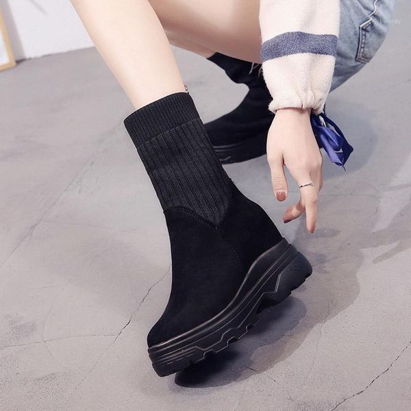 

women snow boots fashion ankle boots women winter warm elastic stocking shoes 2020 new chunky heel non-slip flat1, Black