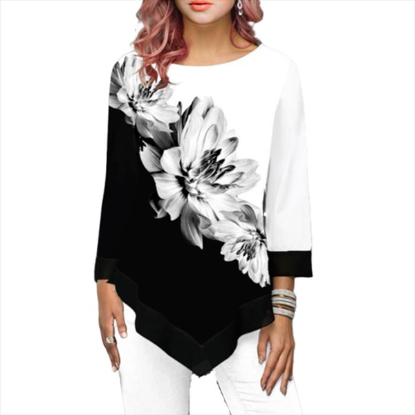 

irregular floral print womens long sleeve t shirt o neck fashion clothing female tee shirts casual s 5xl ladies clothings, White
