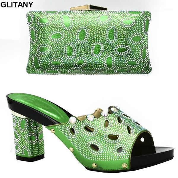

dress shoes green color italian and bag set decorated with rhinestone nigerian wedding african party1, Black