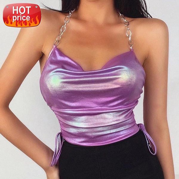 

2020 women wrapped vest neck-hanging slimming sleeveless pleated drawstrings hollow chain hlater backless party ladies tank #cf2j, White