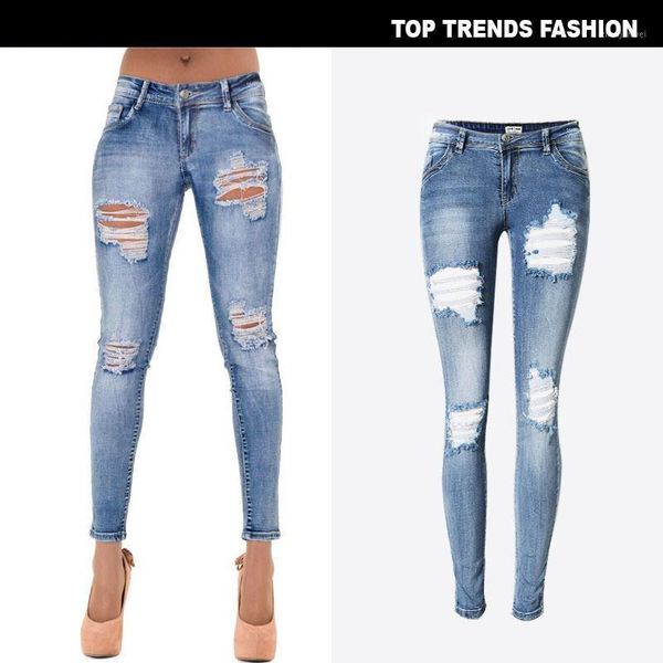 

women streetwear plus size low waist skinny jeans broken hole ripped jean pants womens clothes 27501, Blue