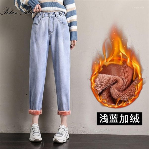 

women's jeans 2021 women's winter plush thick harem loose multi-buckle1, Blue