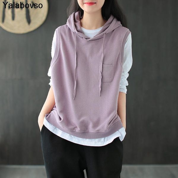 

women's cotton hooded vest 2020 autumn vintage retro loose pullover casual sleeveless knitted vest female with purpel color, Black;white