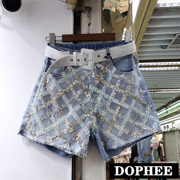 

cool heavy work sequined denim shorts streetwear women's 2020 summer new high waist straight jeans pants shorts students1, Blue