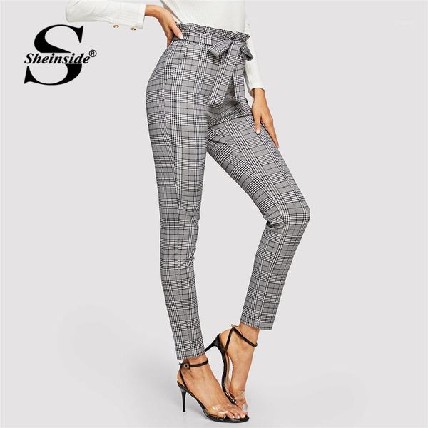 

sheinside grey paperbag high waist plaid cigarette pants elegant women trousers with belt 2019 office ladies work long pants1, Black;white