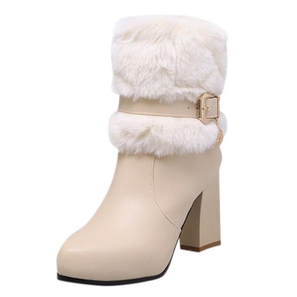 

women's warm plush boots winter white leather high heel warm rhinestone low boots british style thick heel shoes, Black