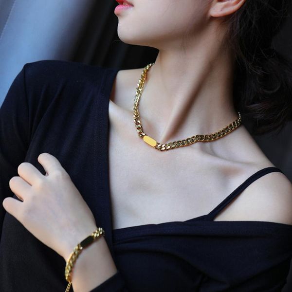 

New Hip Hop Trendy Stainless Steel Personality Gold Color Thick Chain Geometric Clavicle Chain Necklace for Women Punk Jewelry, Silver