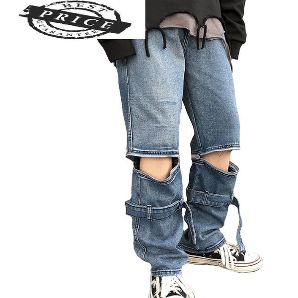 

straight men's jeans loose zipper pant removable overalls trend high street wide leg men's denim pants 22287, Blue