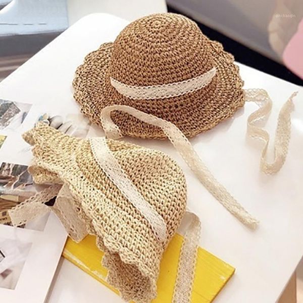 

children's straw hat wide-brimmed hat handmade lace folding beach female summer baby chapeau femme parent-child cap1, Black;white