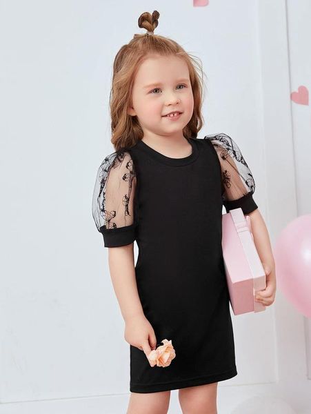 

toddler girls contrast mesh puff sleeve dress she, Red;yellow