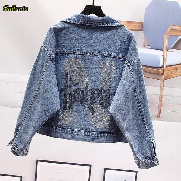 

guilantu 2020 spring autumn denim jacket women turn-down collar single breasted print letter vintage casual jeans coat female, Black;brown