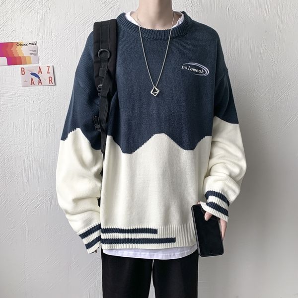

autumn and winter ins color contrast pullover men's korean version loose students wear sweater and sweater, Black