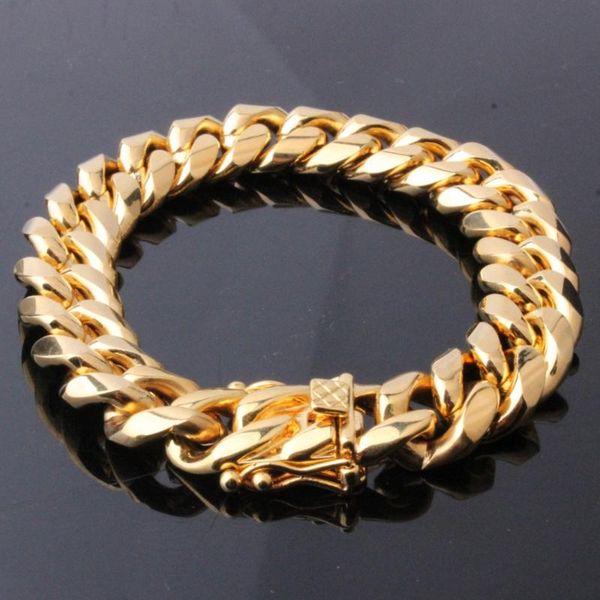 

14mm wide fashion jewelry gold color stainless steel miami cuban curb chain men's boy's bracelet bangle 7"-11" high qual, Black