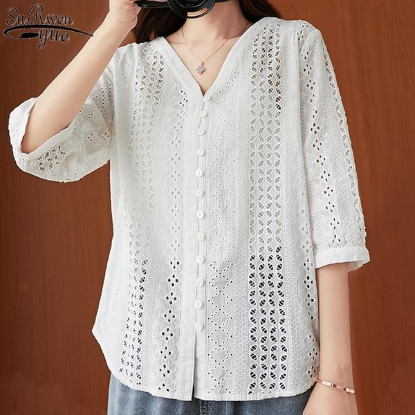 

women's shirts large size hollow out embroidered v neck pure cotton blouse woman loose slim cardigan solid shirt 10224, White