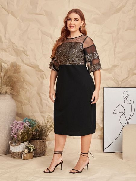 

plus mesh yoke sequin bodice dress q9kk#, Black