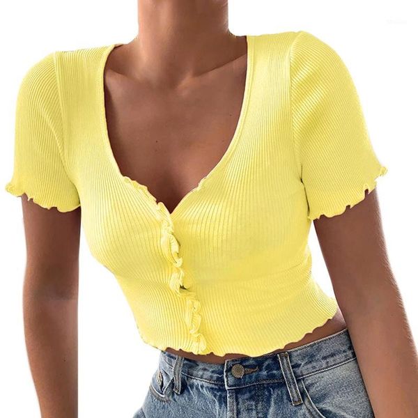 

women's t-shirt ruffled sleeves women's summer button tight rib knit plain yellow l size1, White