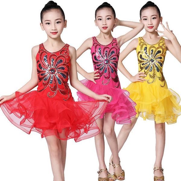 

stage wear latin dance skirt sequins children mesh performance clothing girls tango salsa competition dress red, Black;red