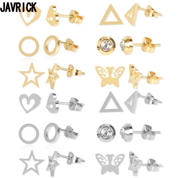 

stud 12 pairs stainless steel heart star moon round earrings women cute bar cz butterfly fashion jewelry, Golden;silver