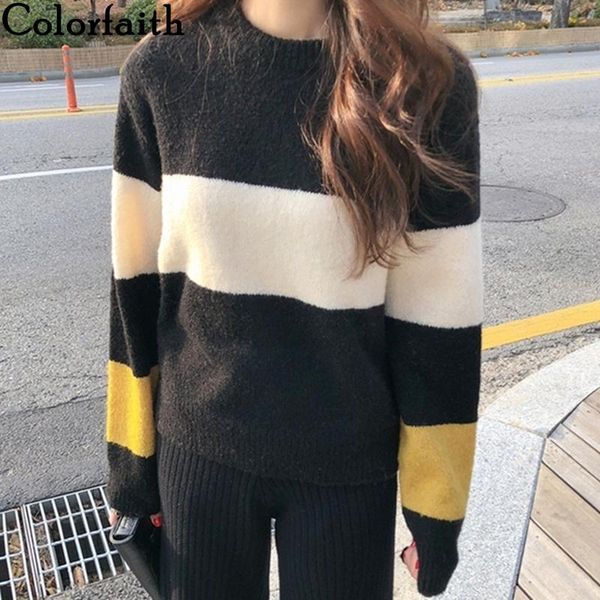 

women's sweaters colorfaith 2021 autumn winter women sweater knitted striped oversize thicken wild warm female lady pullovers sw1252, White;black