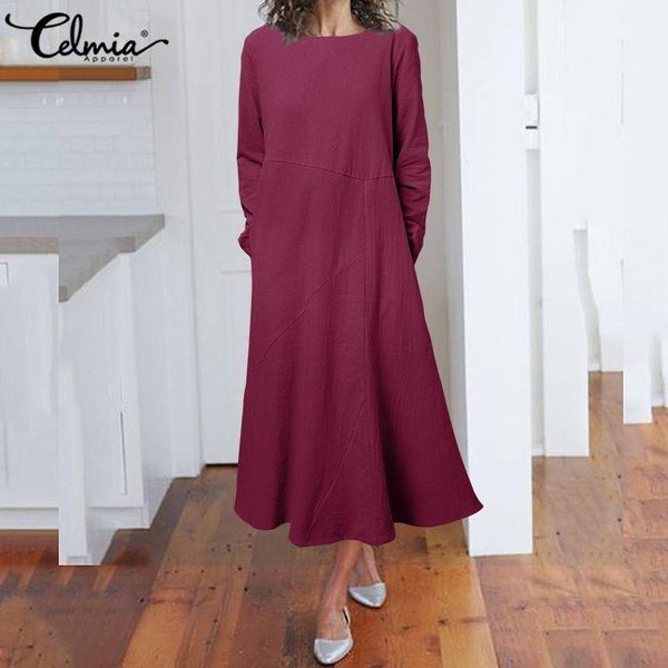 

celmia womens vintage linen dresses 2020 autumn long sleeve shirt dress casual solid pockets loose party dresses female vestidos1, Black;gray