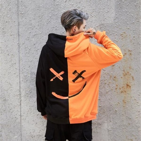 

hoodies fashion spring men autumn smile print color block patchwork pullover casal hip hop sweatpants with loose hoodie dropshipping, Black