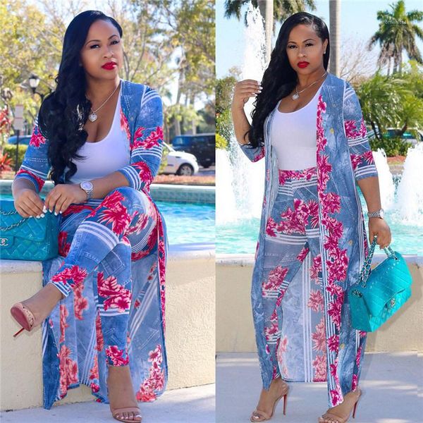 

digital print long coat cape fashion casual suits plus size women clothes women 2 piece clothing set sexy, Gray