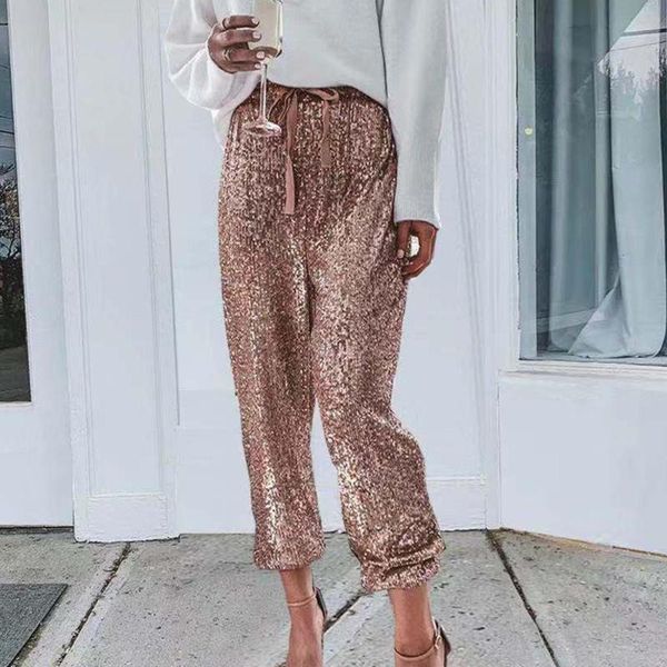 

women's pants & capris rose gold sequin women drawstring high waist streetwear glitter sparkly club party ladies trousers pantalon femm, Black;white