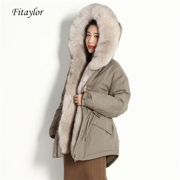 

fitaylor 2020 winter natural coat women 90% white duck down parkas fox hooded jackets new oversized real fur overcoat c1204, Black