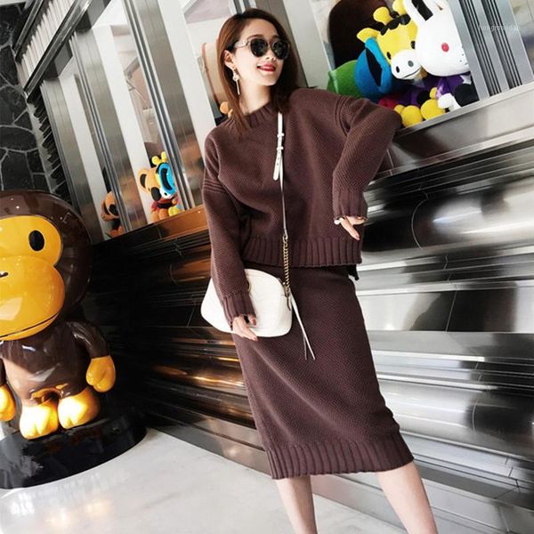 

two piece dress brief solid sweater and skirt suit autumn winter casual oversized batwing sleeve pullovers knit 2 set women1, White