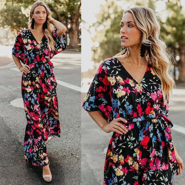 

elegant women's boho summer dress floral print short sleeve long maxi dress lady party wedding beach vestidos sundress, Black;gray