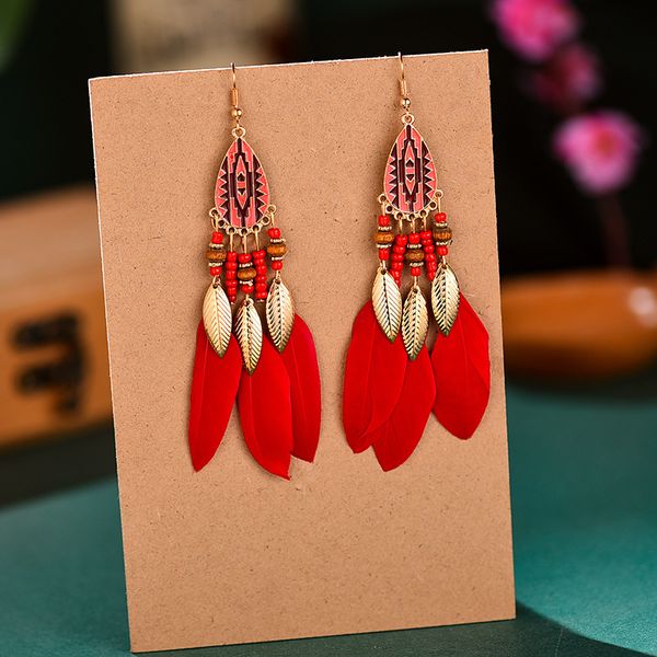 

2021 bohemian red dream catcher leaf feather ladies earrings women summer indian jewelry natural wood drop dangle earrings, Golden