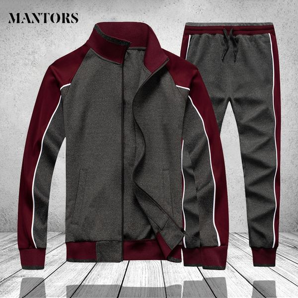 

patchwork men tracksuit winter spring 2 pcs fleece sweatshirt jackets pants mens track suit set gym joggers sportswear suit male kg-511, Gray