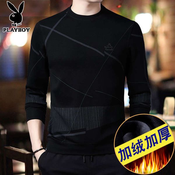 

men's long sleeve t-shirt with velvet thickening autumn and winter round neck bottoming shirt printed sweater trend warm top, Black