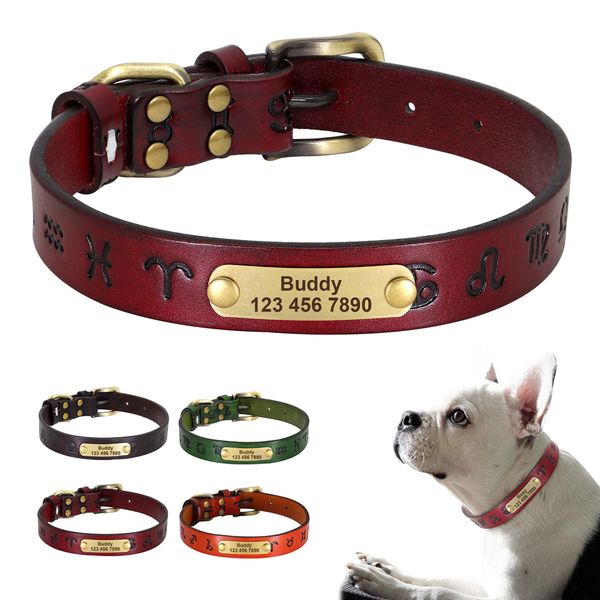 

custom durable dog collar with pet leather identification label, adjustable, suitable for small, medium and large dogs, carving