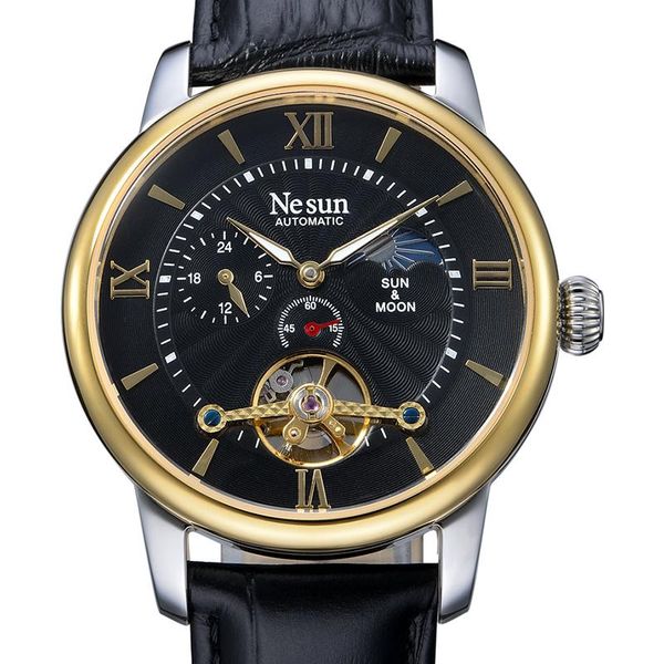 

wristwatches nesun skeleton tourbillon switzerland watch men automatic self-wind men's watches sapphire waterproof clock n9031-3, Slivery;brown