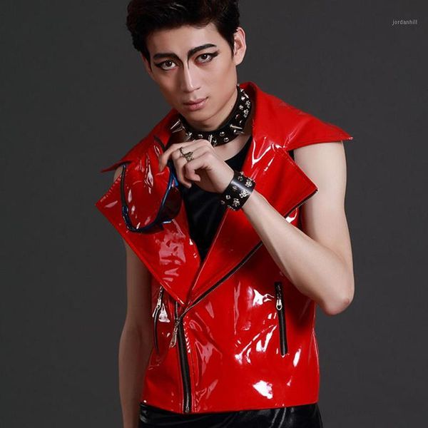 

nightclub male singer leather vest bar hip hop jazz dance performance clothing men's pu zipper coat rock stage outfit dwy16781, Black;red