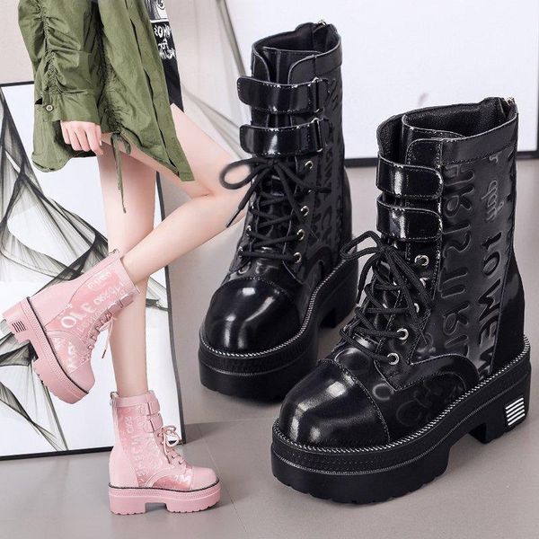 

boots breathable mesh short women round toe pu warm platform for wedges lace-up ankle, Black