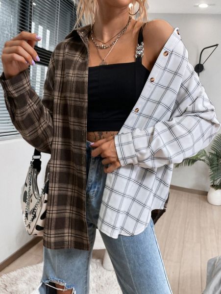 

drop shoulder color-block plaid blouse f3xp#, White