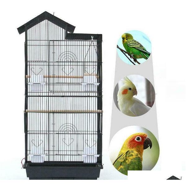 

39" steel bird parrot cage canary parakeet cockatiel w wood perches food cups bzhyo