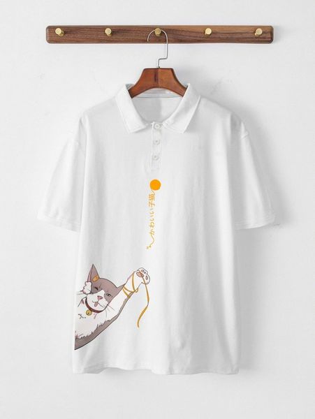

men japanese letter & cat print polo shirt i6wp#, White;black