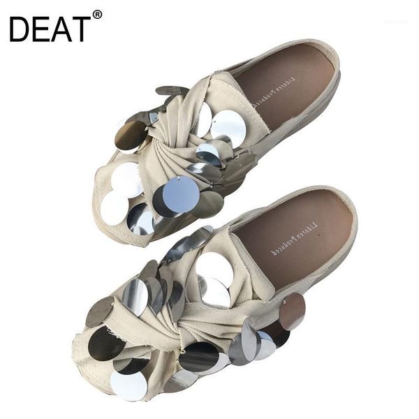 

slippers [deat] 2021 spring summer milky white round toe bling spliced pleated canvas women single shoes fashion tide10sj1401, Black