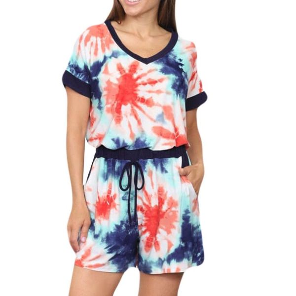 

women's jumpsuits & rompers summer bodysuits playsuits plus size v-neck short sleeve belt overalls jumpsuit casual tie-dyed bodysuit, Black;white